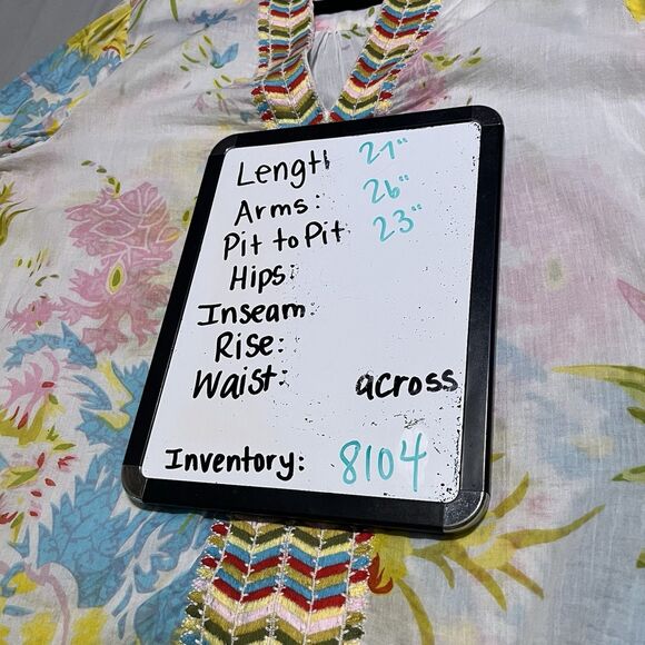 Magazine Floral Sheer Boho Embroidered V Neck Blouse Top Size L Roll Tab Sleeve - Picture 11 of 11